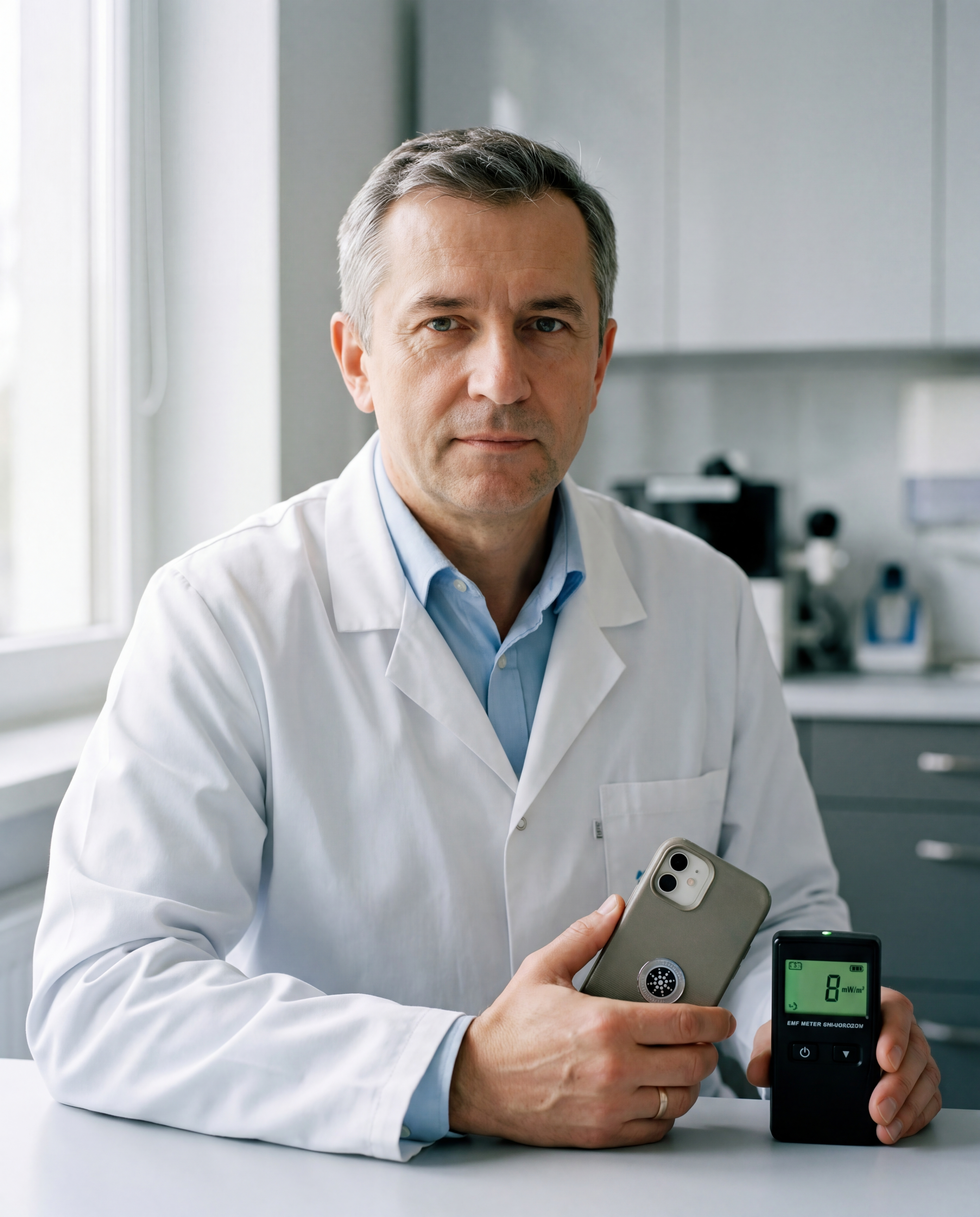 Lekarz pokazuje miernik 8 mW/m z naklejką SmartShield